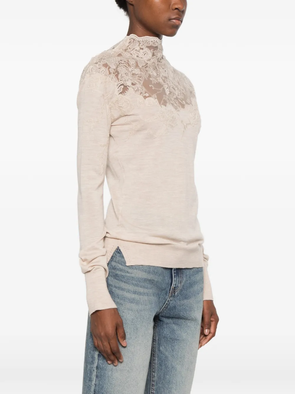 Ermanno Scervino lace-panelled high-neck sweater Beige
