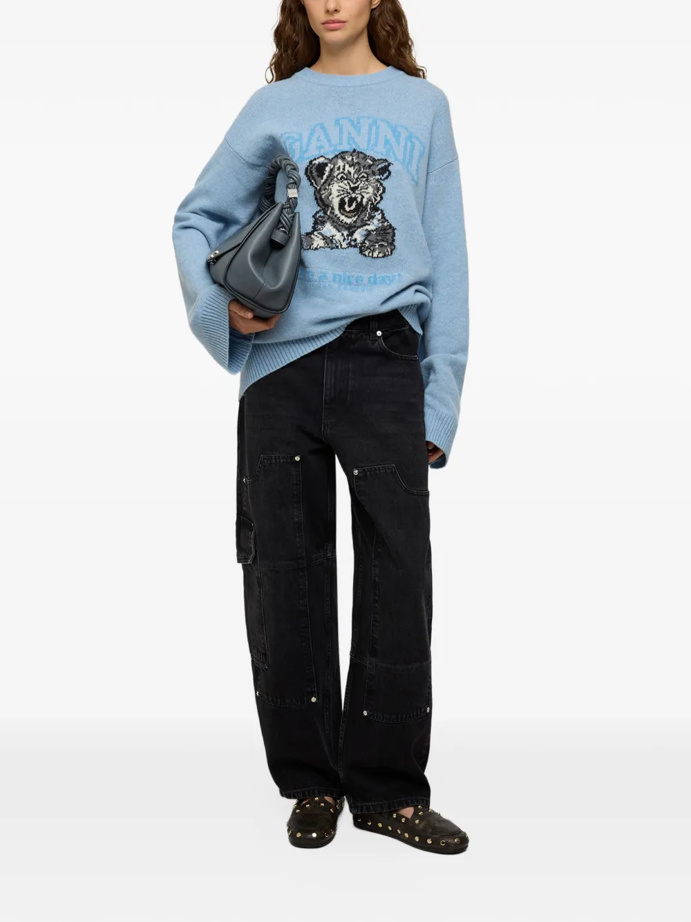 GANNI oversized jumper with Tiger Blauw