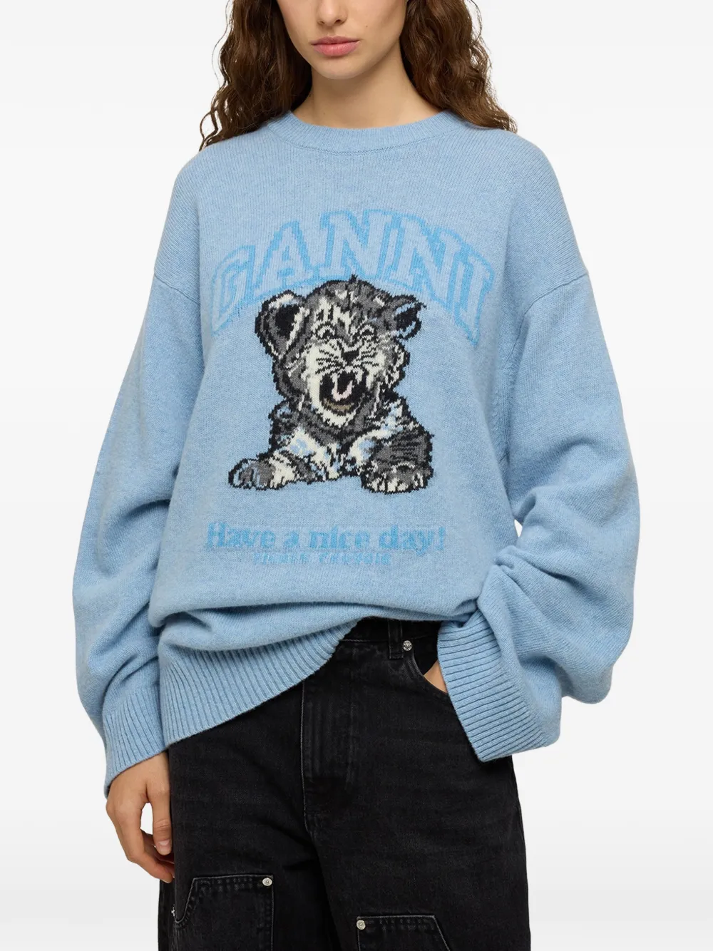 GANNI oversized jumper with Tiger Blauw