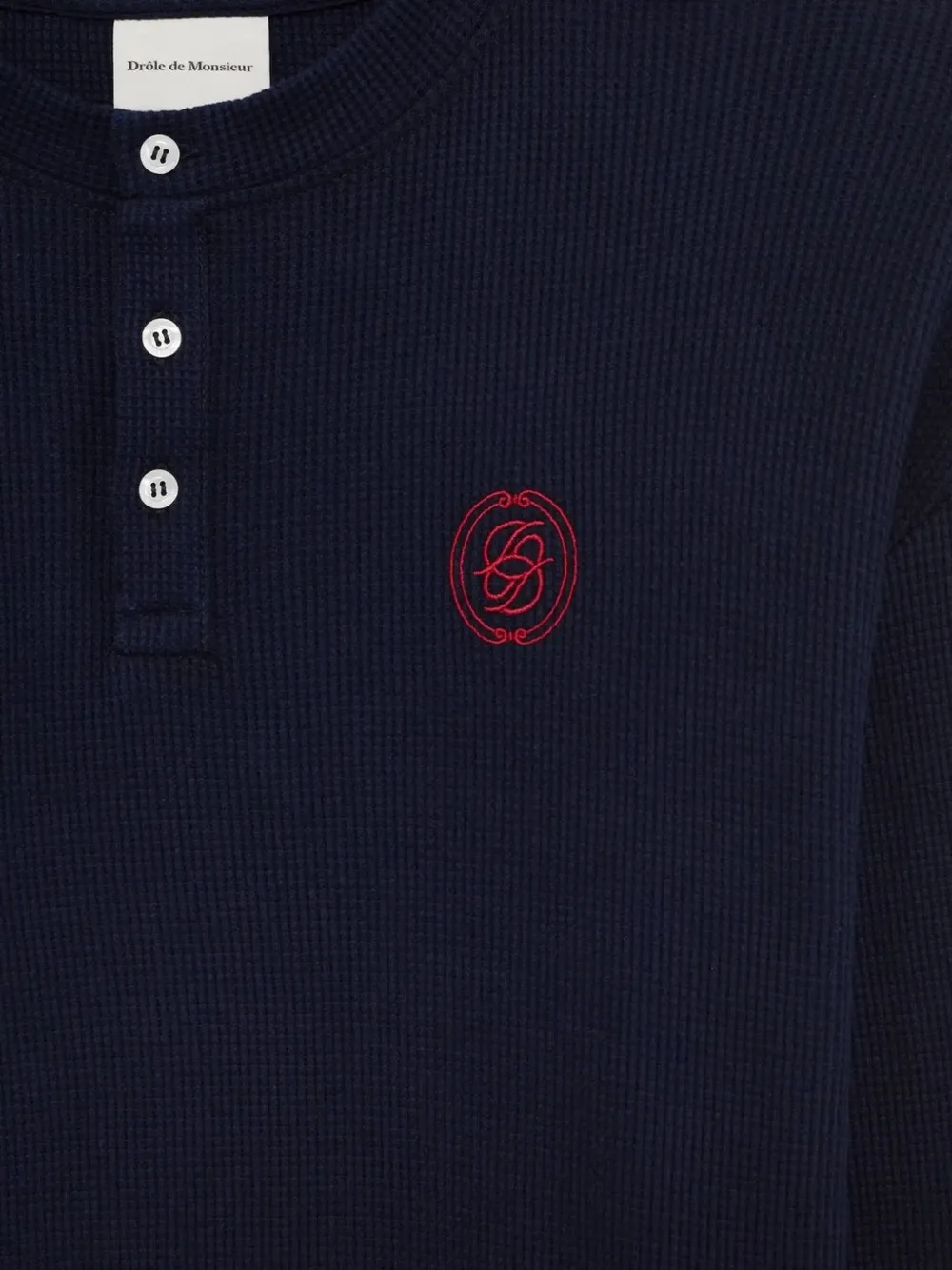 Drôle De Monsieur Wafelgebreid T-shirt met geborduurd logo Blauw