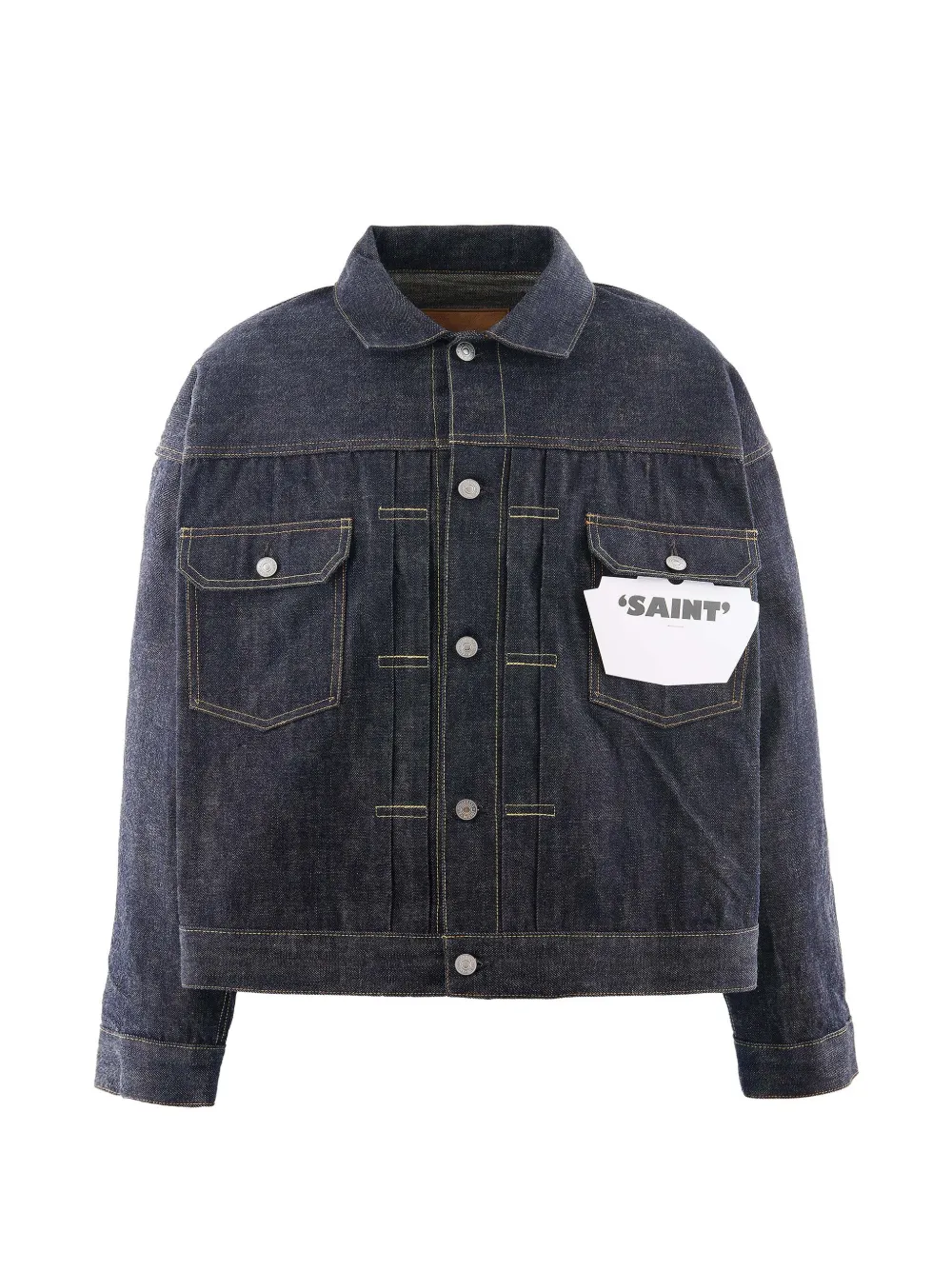 SAINT MXXXXXX pleated-detail denim jacket Blauw