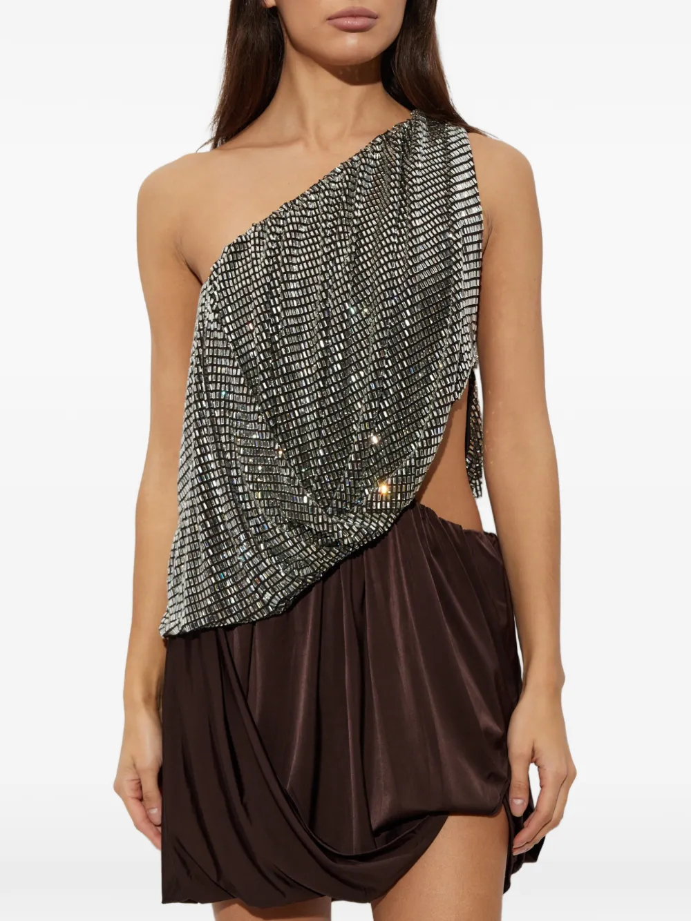 Self-Portrait rhinestone one shoulder drape mini dress Bruin