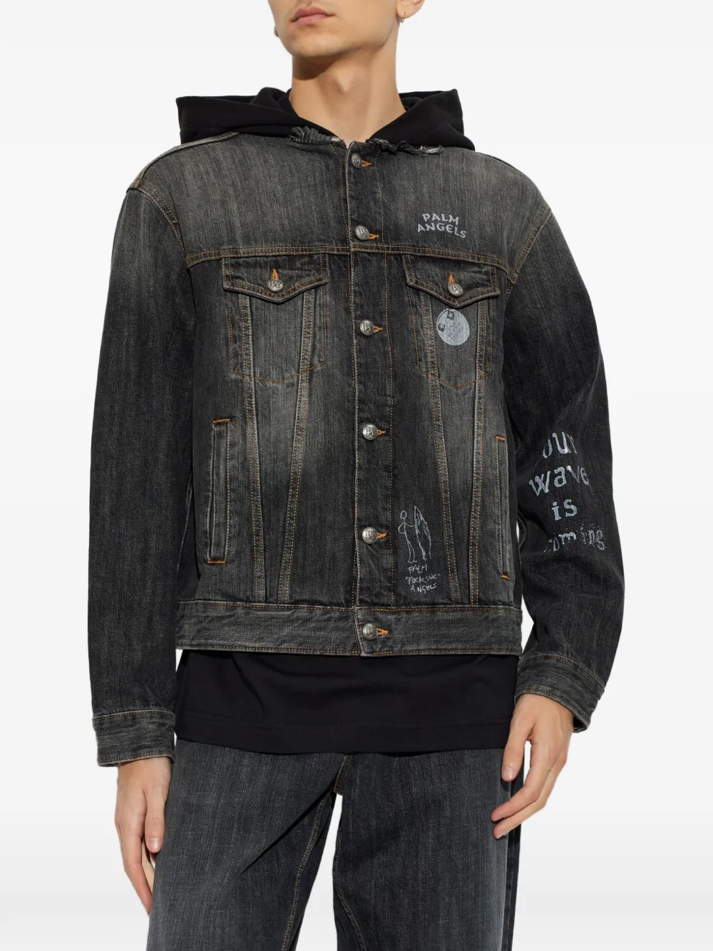Palm Angels graphic-print hooded denim jacket Zwart