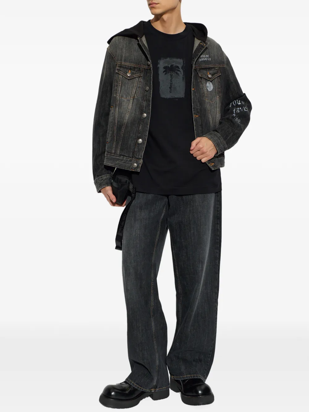 Palm Angels graphic-print hooded denim jacket Zwart