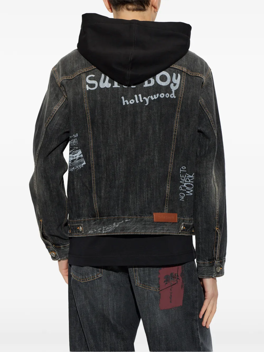Palm Angels graphic-print hooded denim jacket Zwart