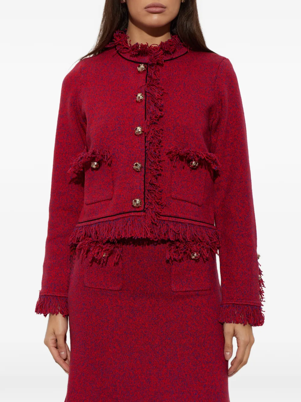 Self-Portrait red frayed knit jacket Rood
