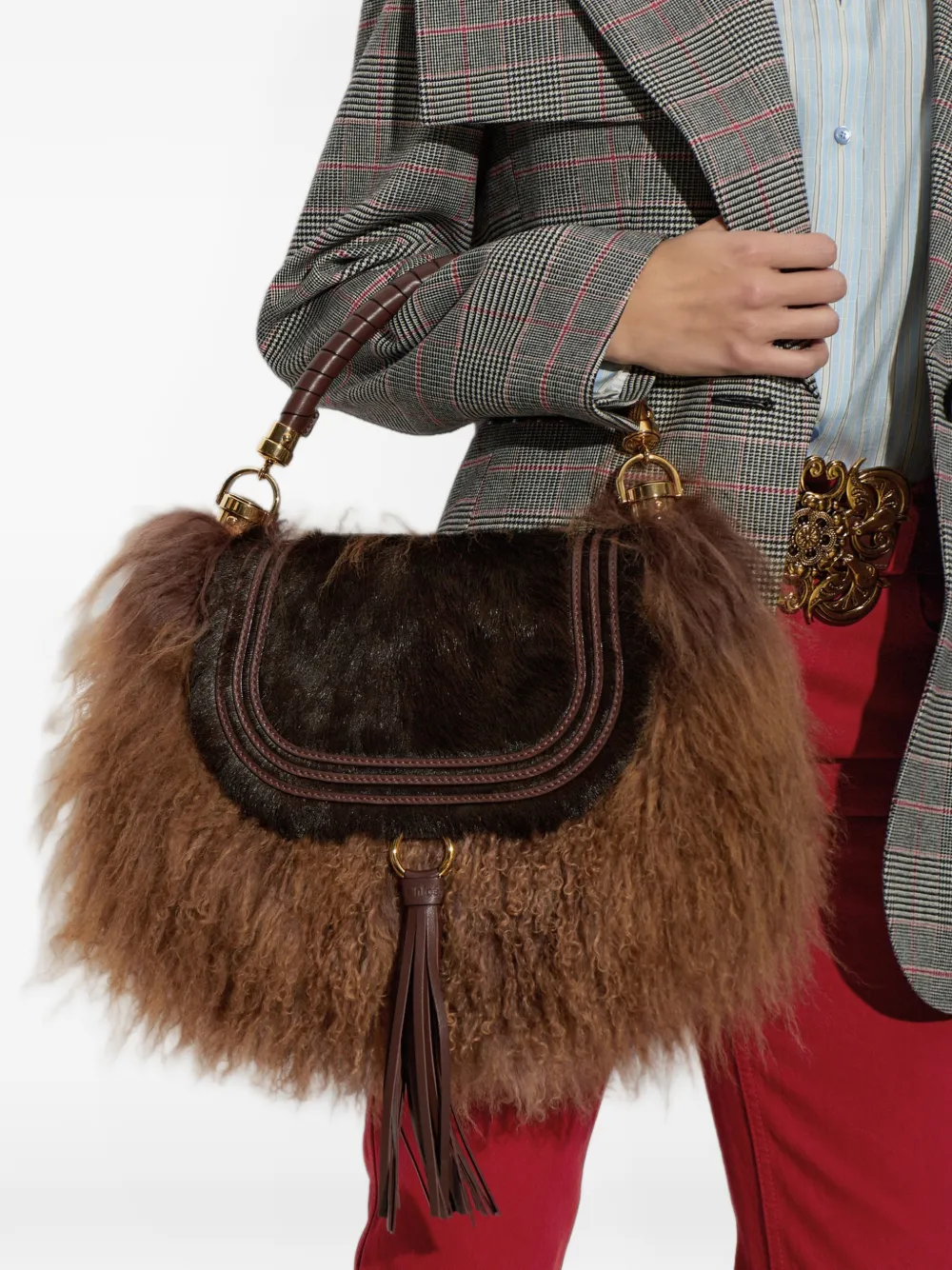 Chloé small Marcie Foulard bag in pony leather & shearling Bruin