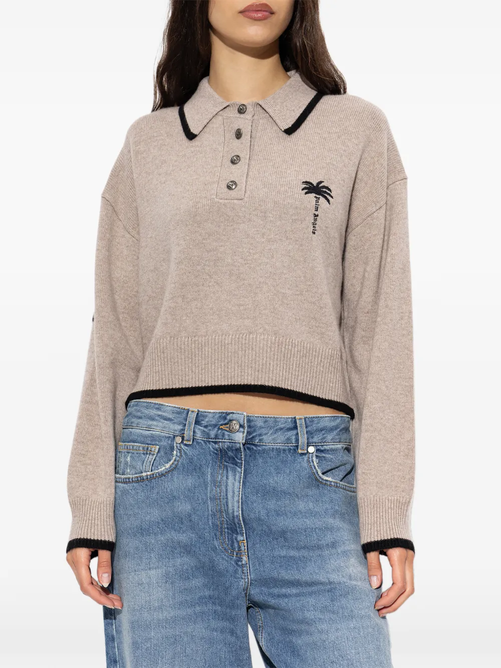 Palm Angels palm-tree embroidery polo sweater Beige