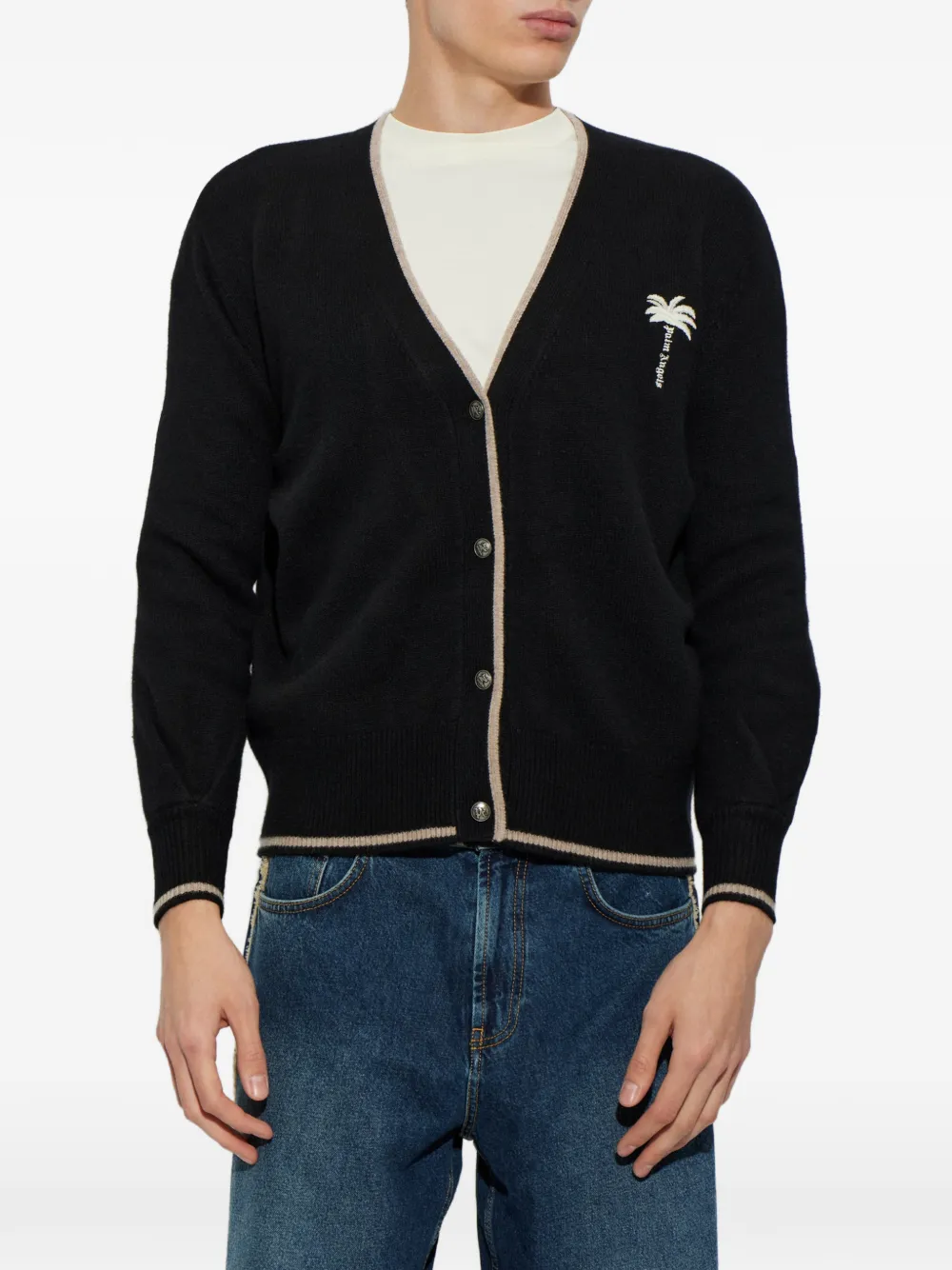 Palm Angels embroidered-logo wool cardigan Zwart