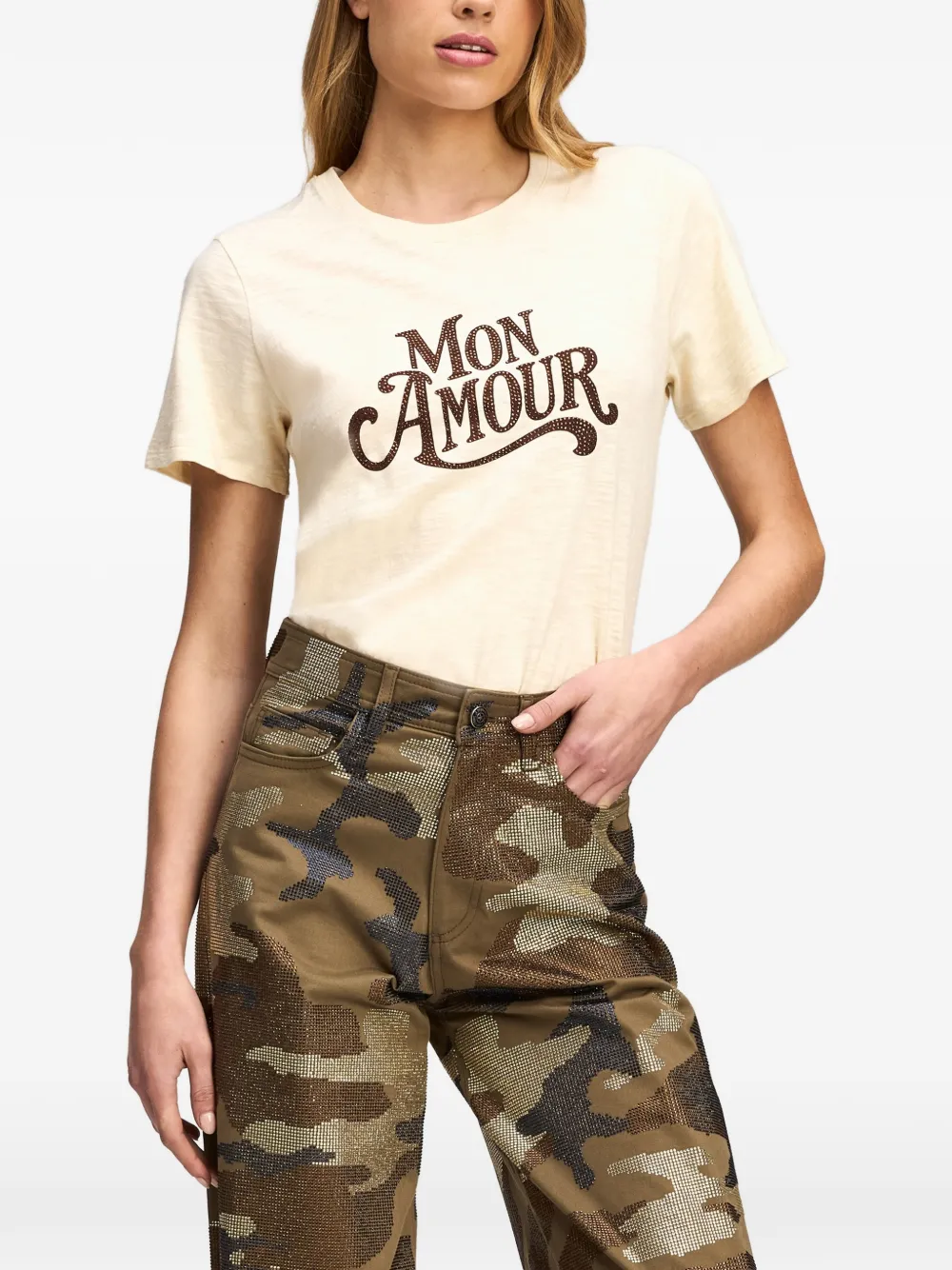 Cinq A Sept Shrunken embellished slogan T-shirt Beige