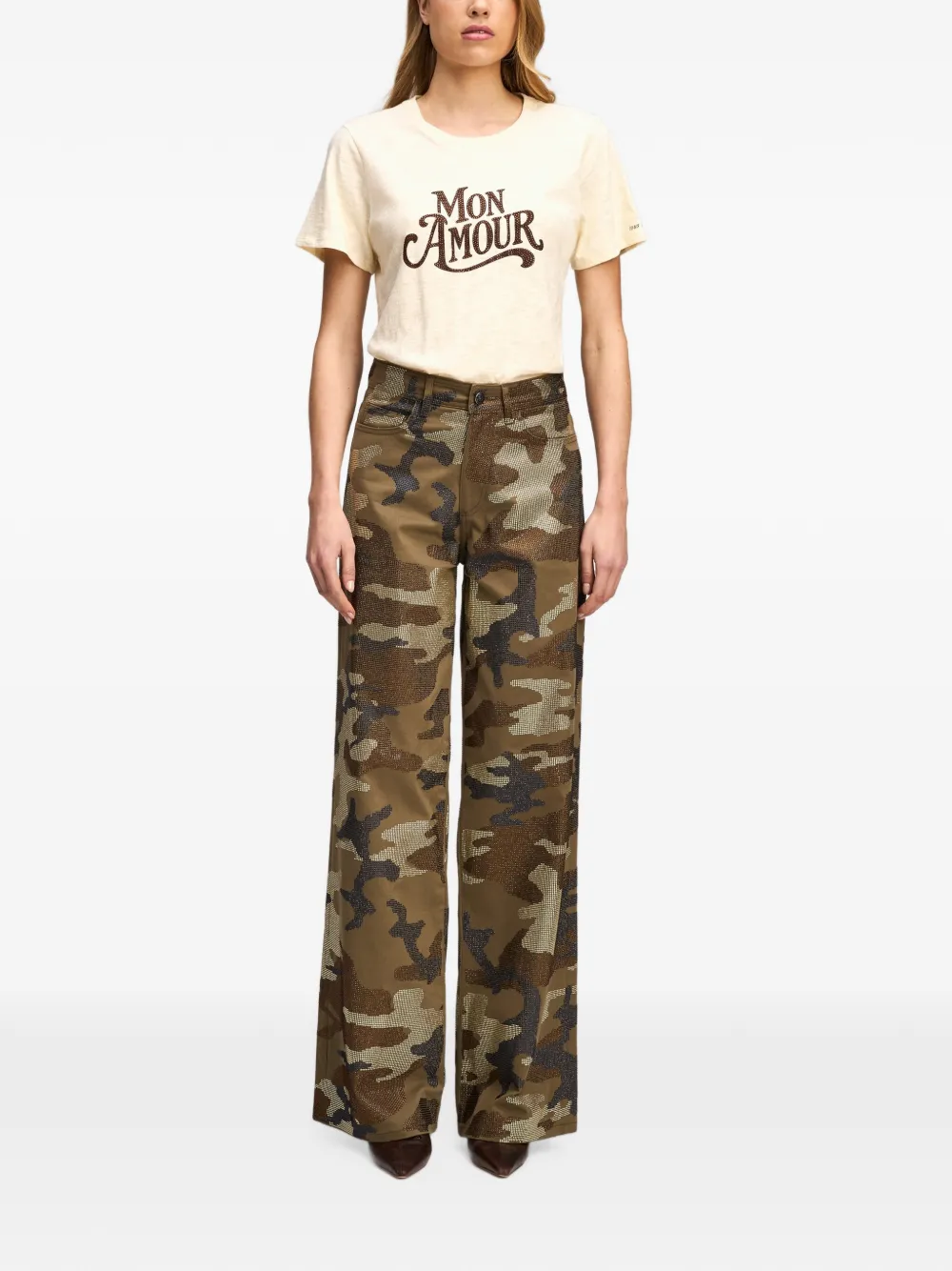 Cinq A Sept Blakely crystal-embellished camouflage wide-leg jeans Groen