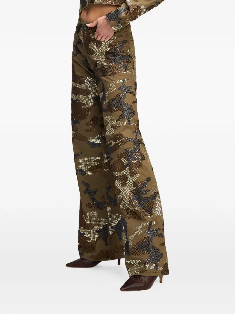 Cinq A Sept Blakely crystal-embellished camouflage wide-leg jeans Groen