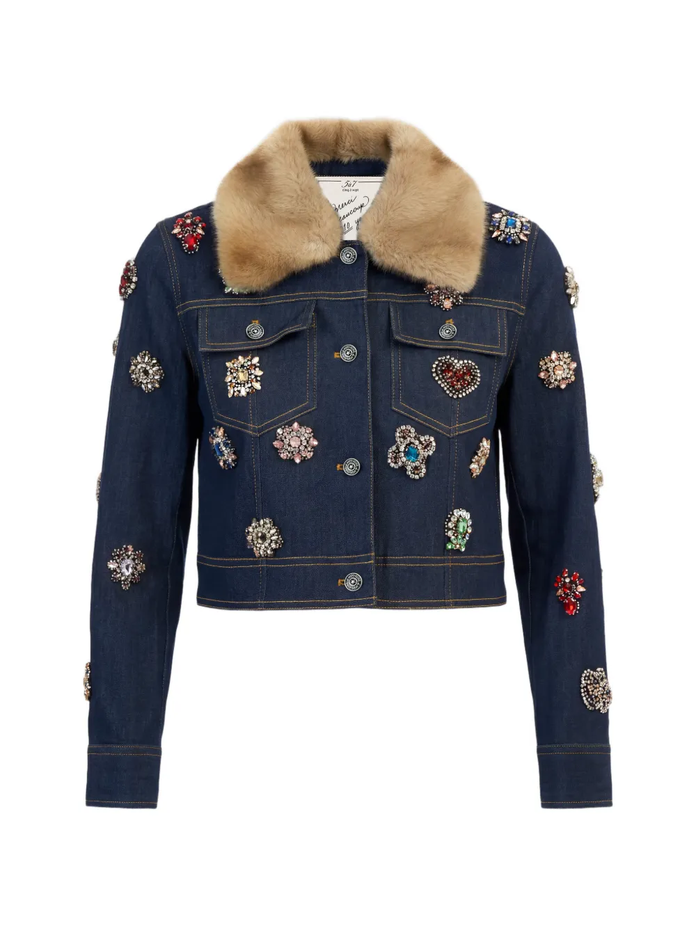 Cinq A Sept Lexie faux-fur collar crystal-embellished denim jacket - Blau