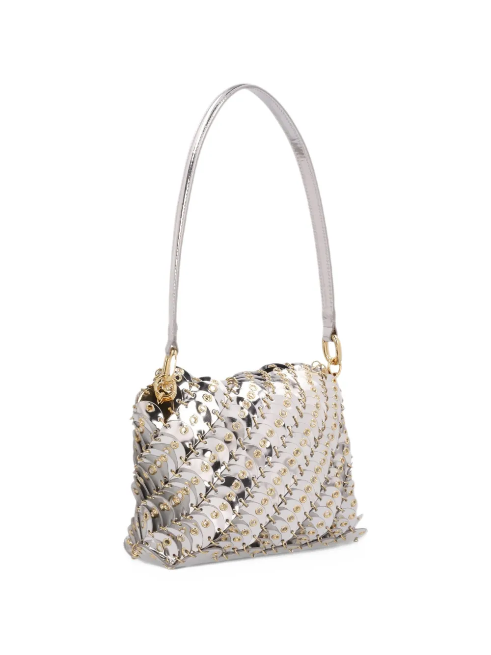 Rabanne small bag in silver leather with tone on tone eyelets Zilver
