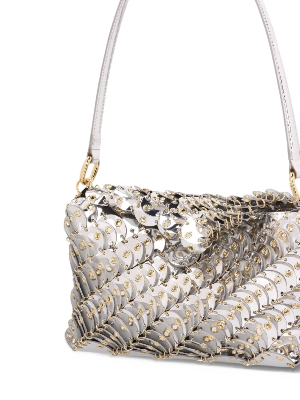 Rabanne small bag in silver leather with tone on tone eyelets Zilver