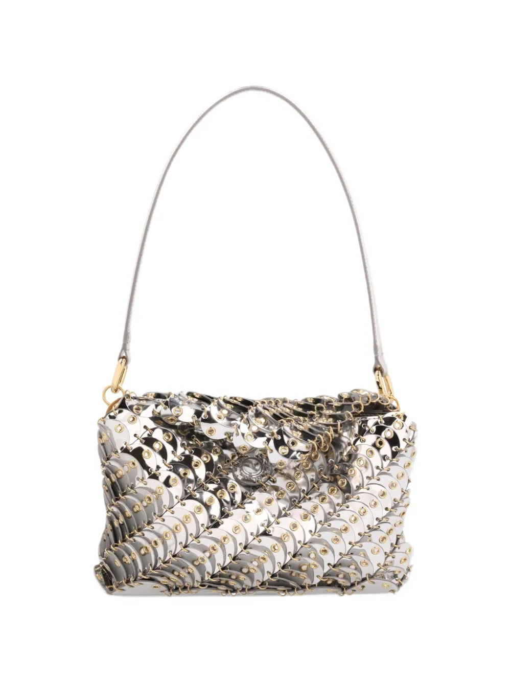 Rabanne small baguette bag in silver leather with tone on tone eyelets
