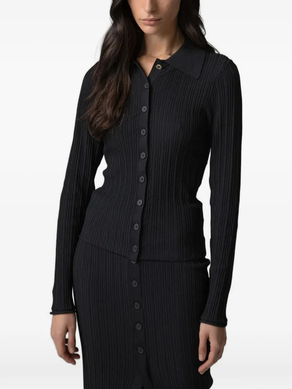 Gaëlle Paris ribbed-knit collared polo shirt - Black