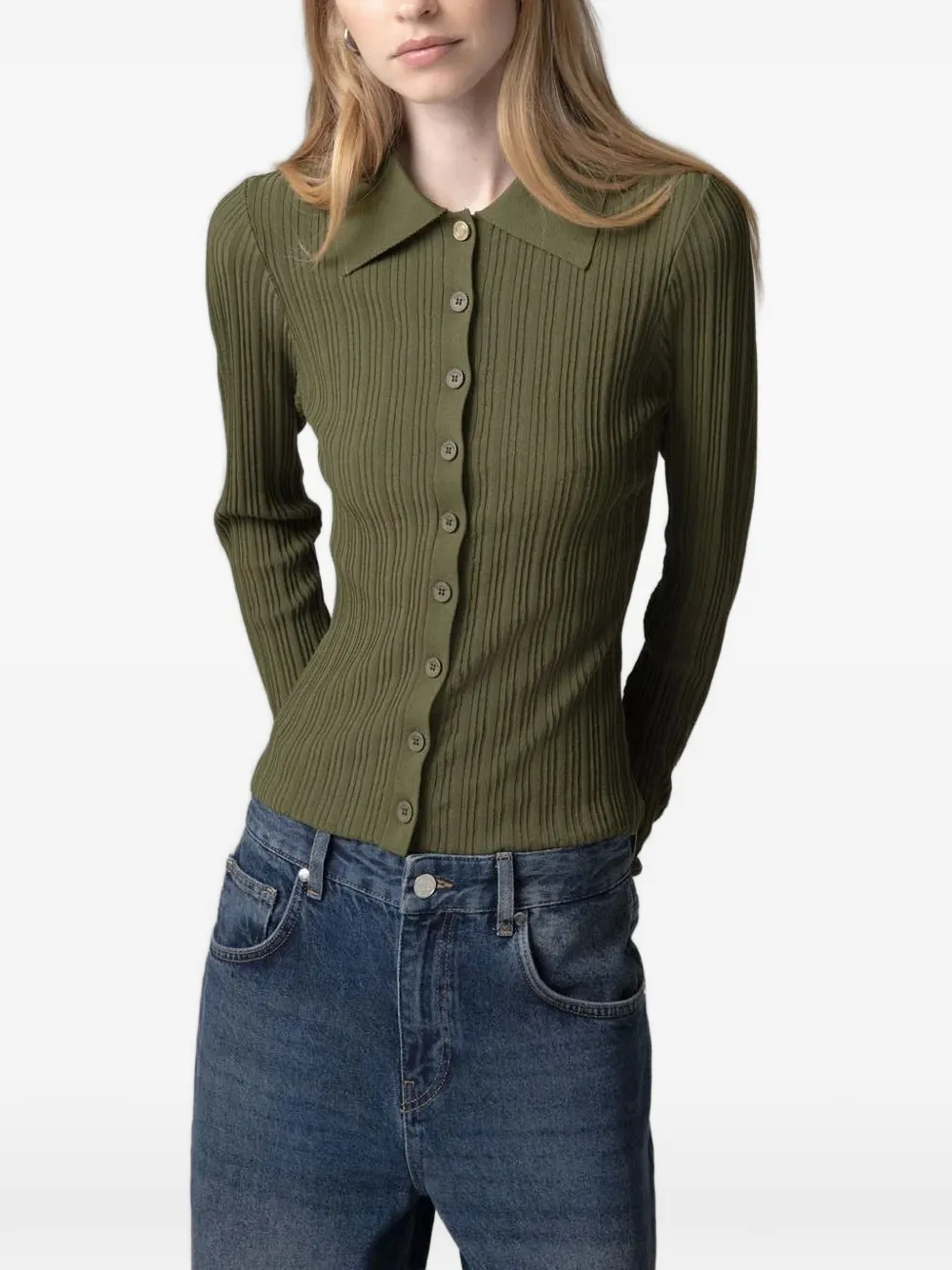 Gaëlle Paris ribbed-knit collared polo shirt - Verde