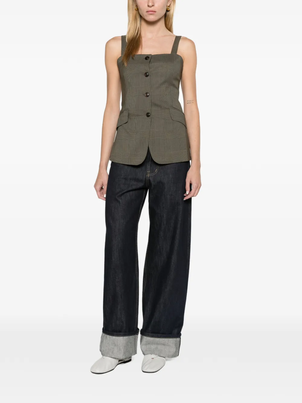 Max Mara Glen plaid wool gilet kaki Groen