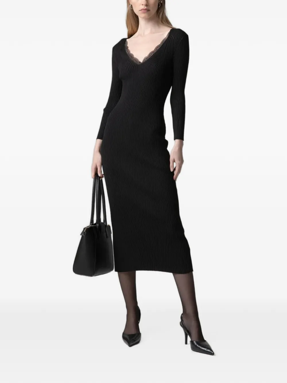 Gaëlle Paris lace-trim ribbed-knit midi dress - Noir Gaëlle Paris lace-trim ribbed-knit midi dress - Noir