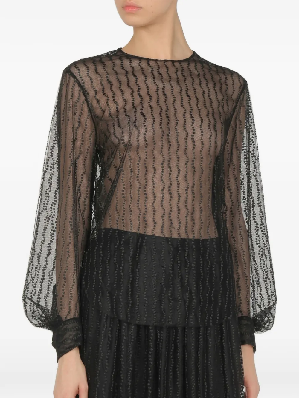 Alberta Ferretti sheer-lace puff-sleeve blouse Zwart