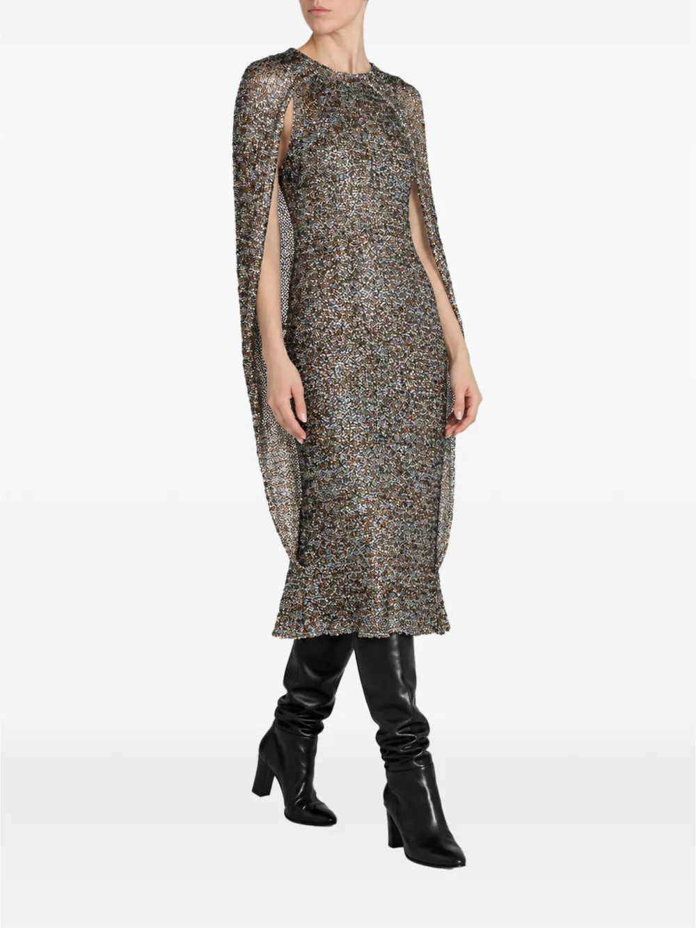 Alberta Ferretti sequin-embellished cape-sleeve midi dress Zilver