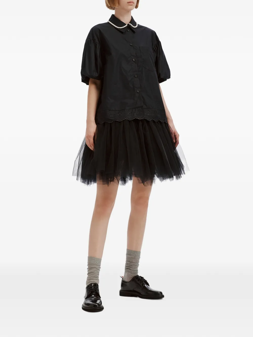 Simone Rocha faux-pearl broderie-anglaise shirt Zwart