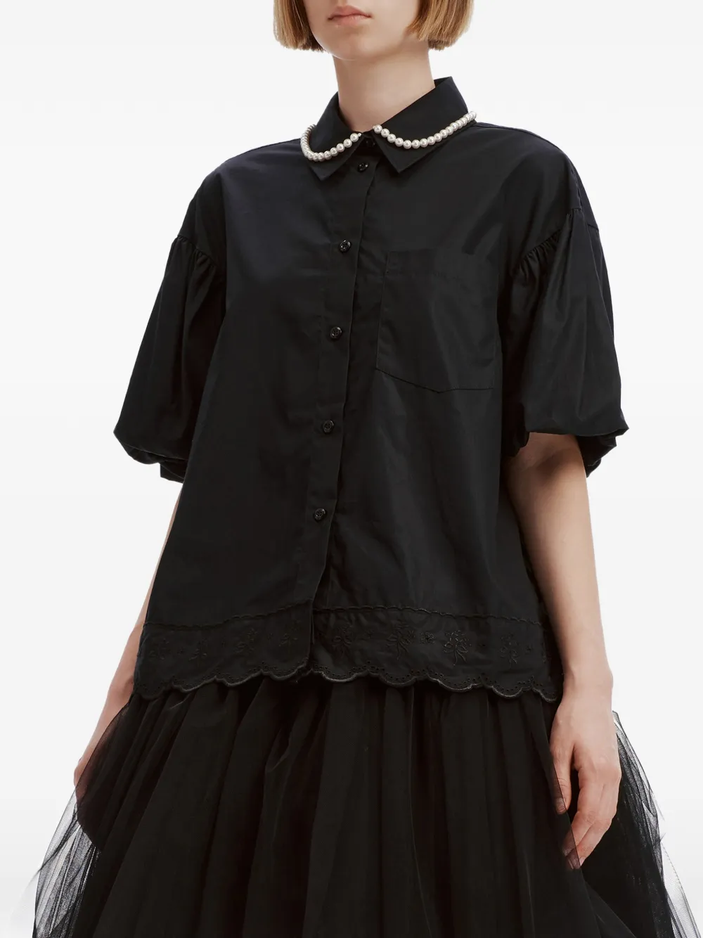 Simone Rocha faux-pearl broderie-anglaise shirt Zwart
