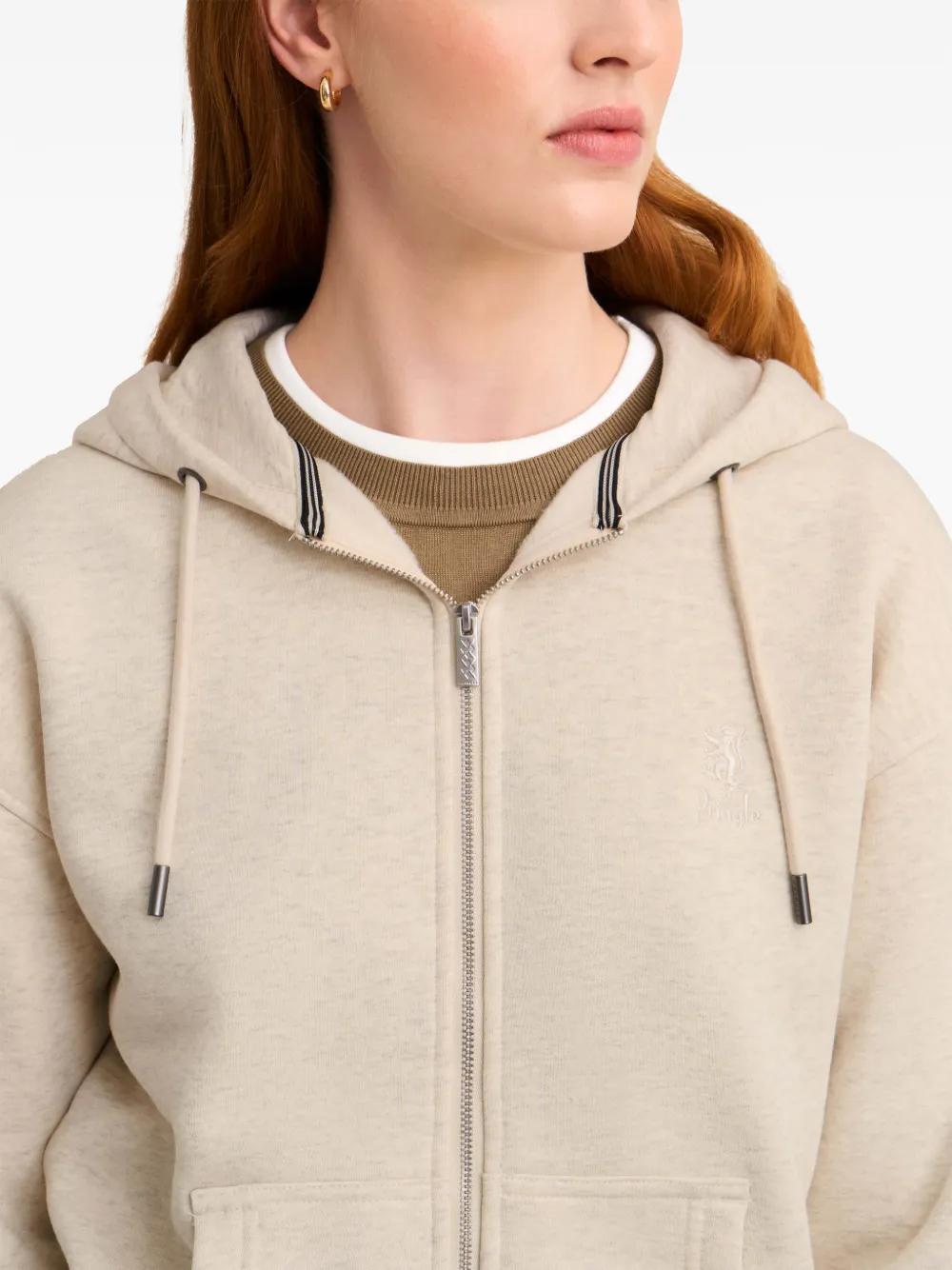 Pringle of Scotland logo-embroidered zip-up hoodie Beige