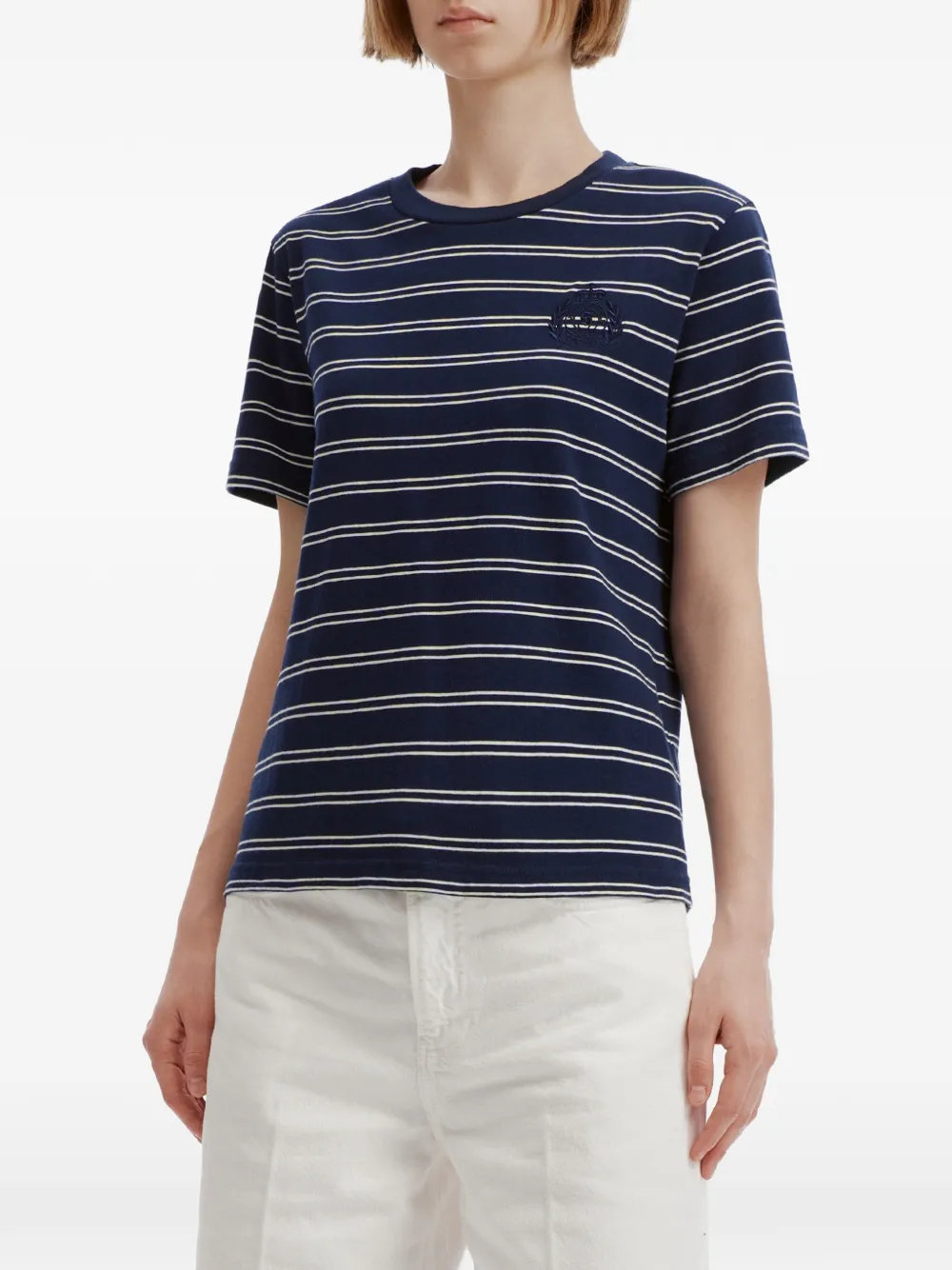 Sporty & Rich embroidered-logo striped T-shirt Blauw