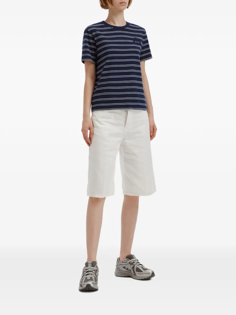 Sporty & Rich embroidered-logo striped T-shirt Blauw