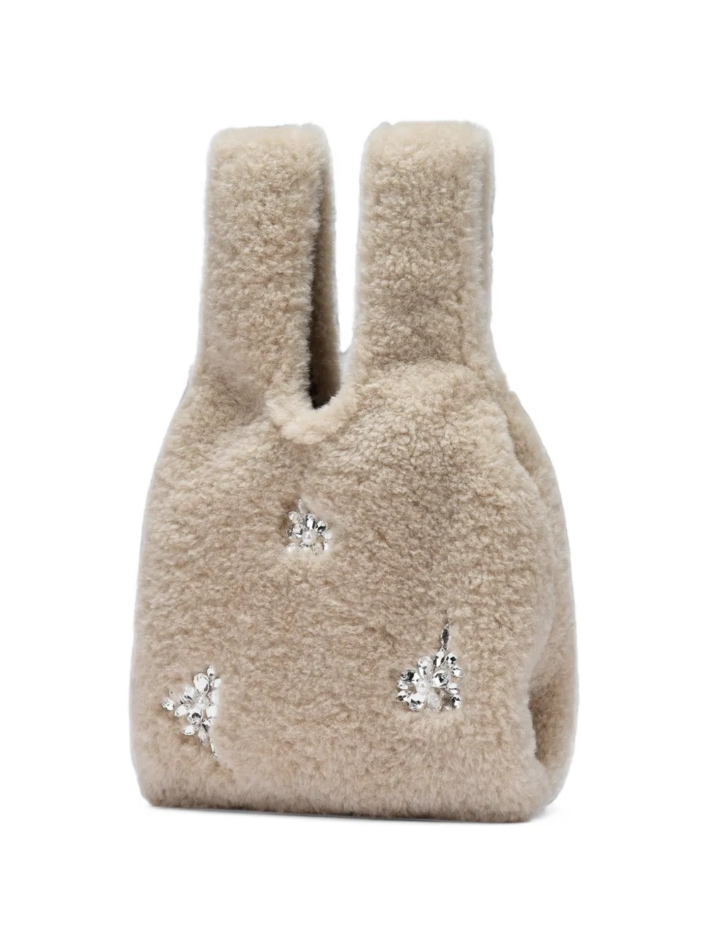 Simone Rocha mini crystal-embellished faux-shearling tote bag Beige