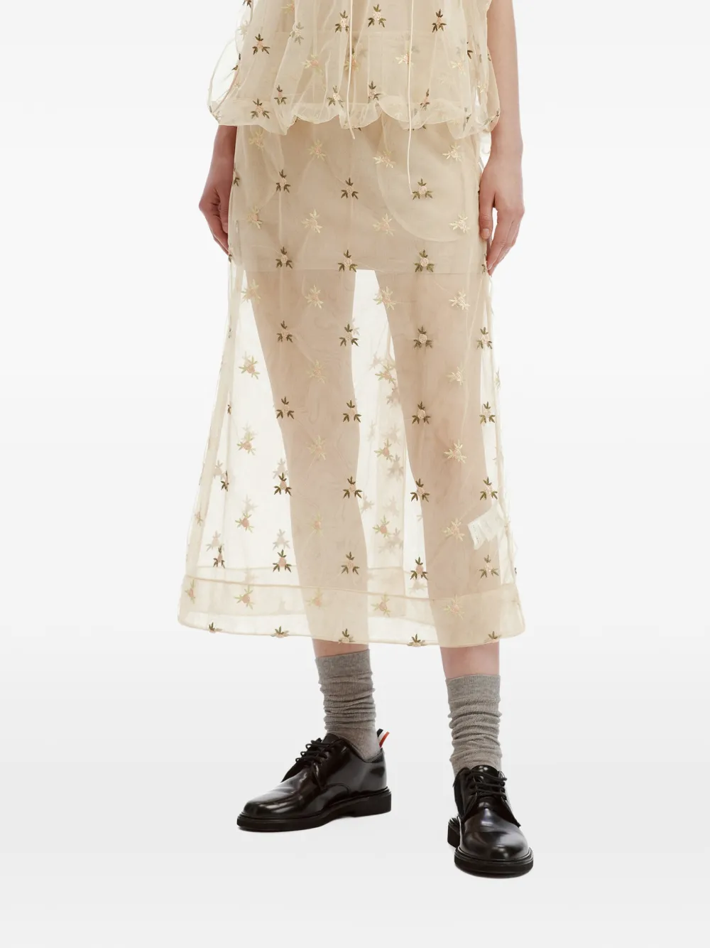 Simone Rocha Ripple floral-embroidered tulle midi skirt Beige