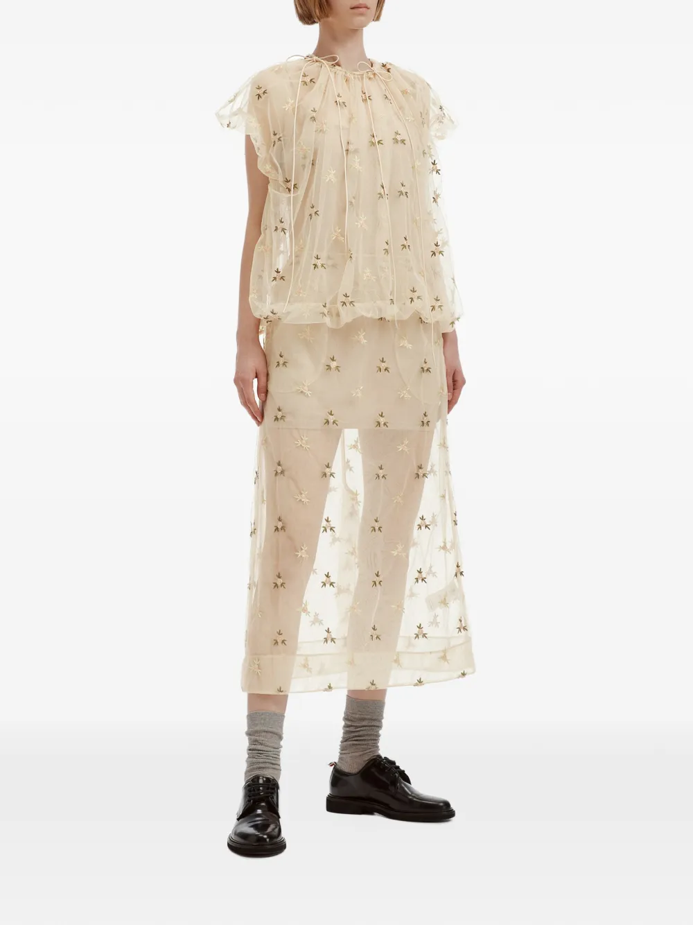 Simone Rocha Ripple floral-embroidered tulle midi skirt Beige