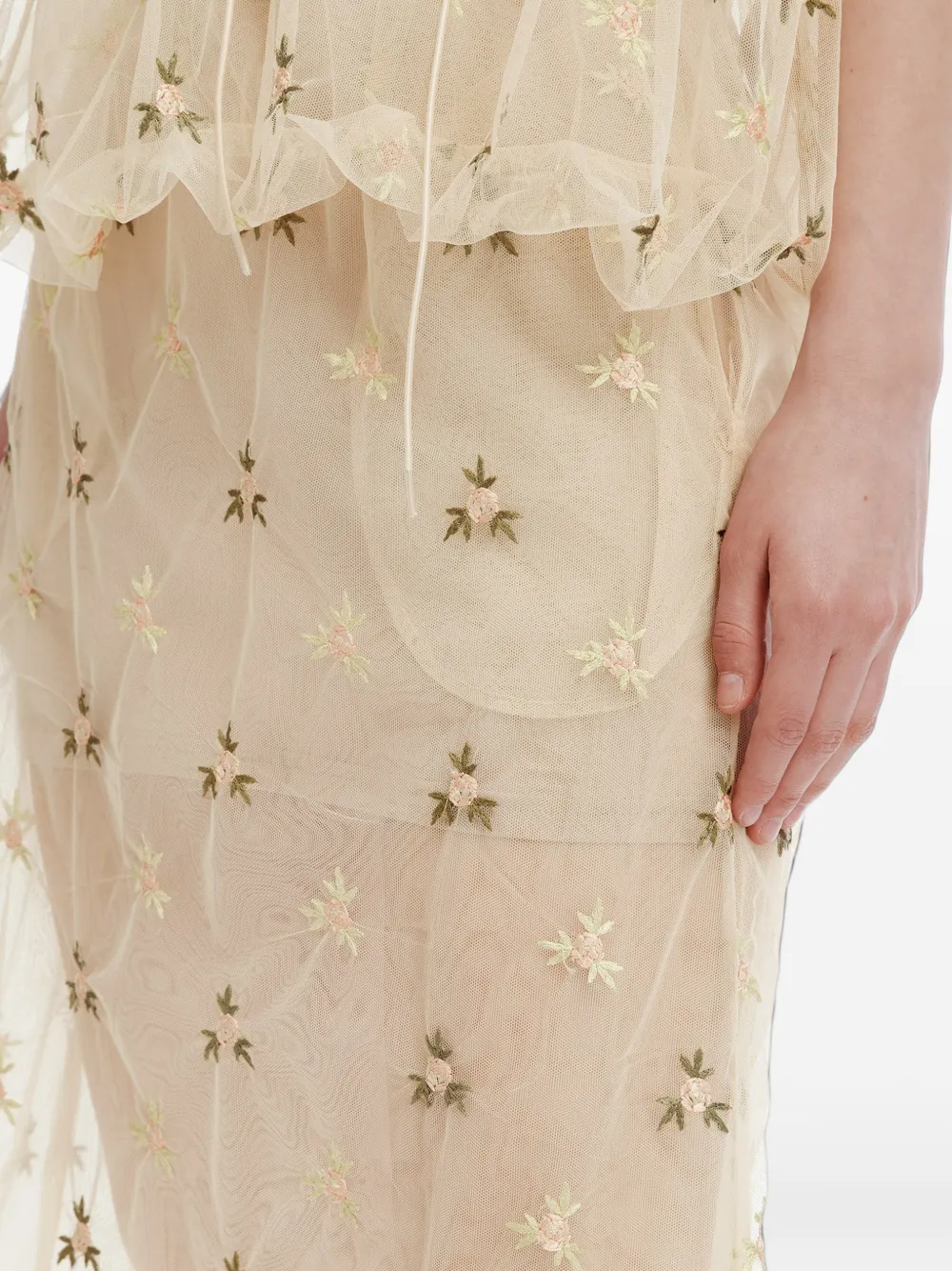 Simone Rocha Ripple floral-embroidered tulle midi skirt Beige