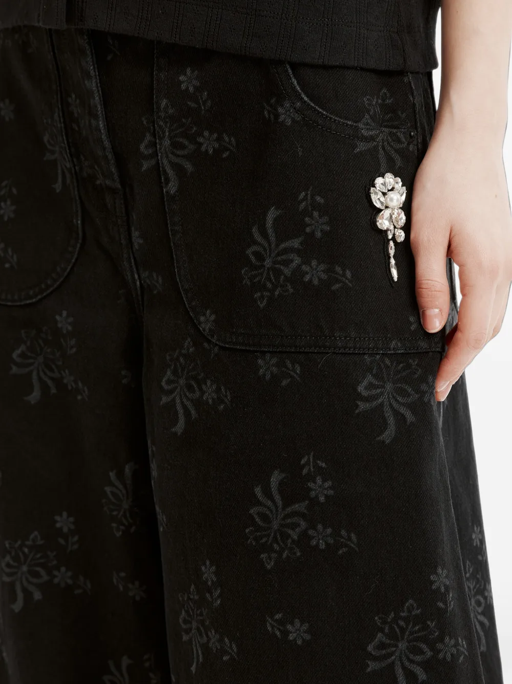 Simone Rocha floral-print crystal-embellished jeans Zwart
