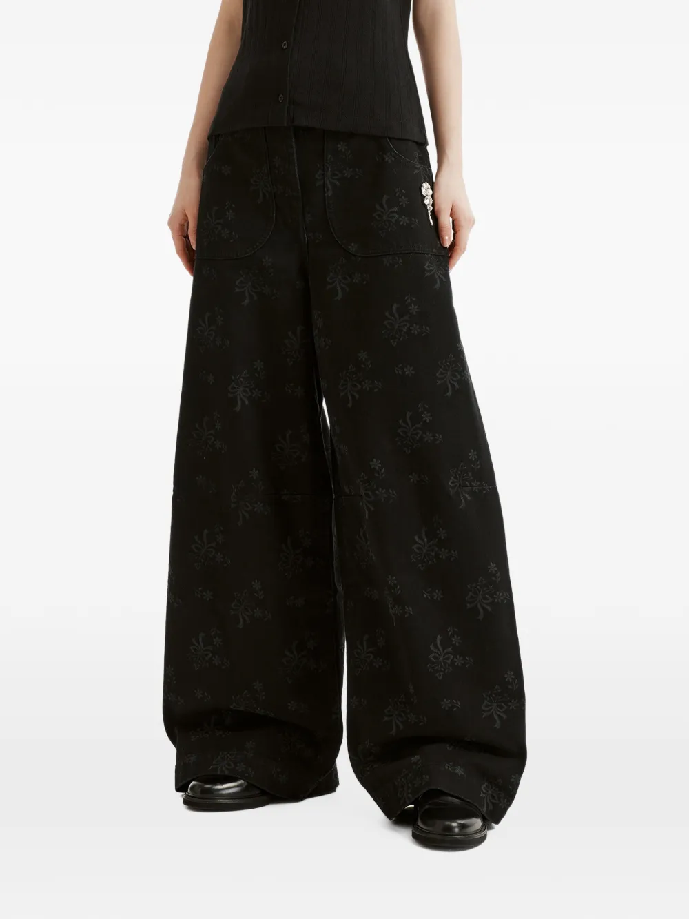 Simone Rocha floral-print crystal-embellished jeans - Nero