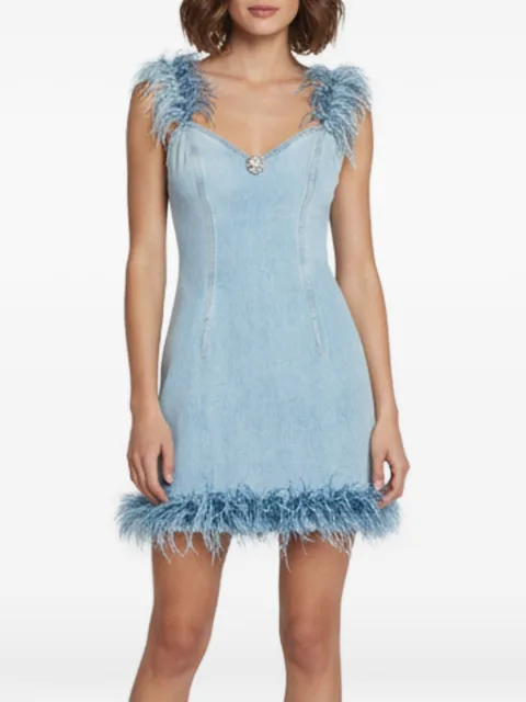 AREA feather-trim denim mini dress