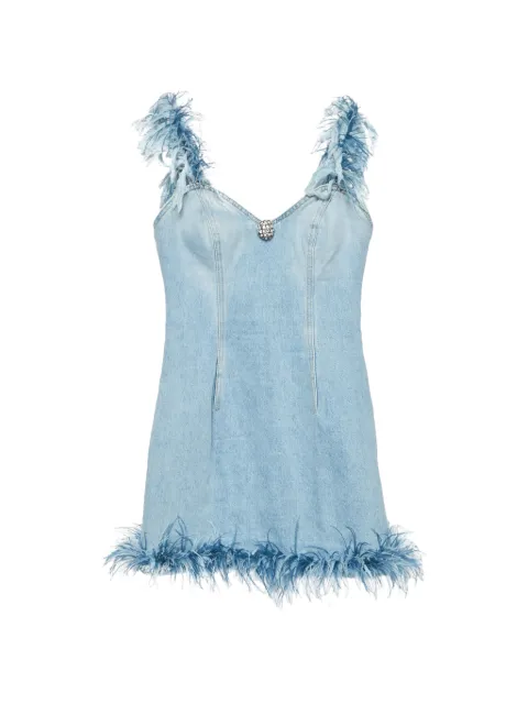 AREA feather-trim denim mini dress