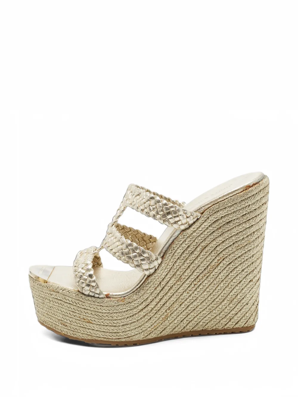 Pre-owned Jimmy Choo Dree Woven Wedge Sandals In Gold