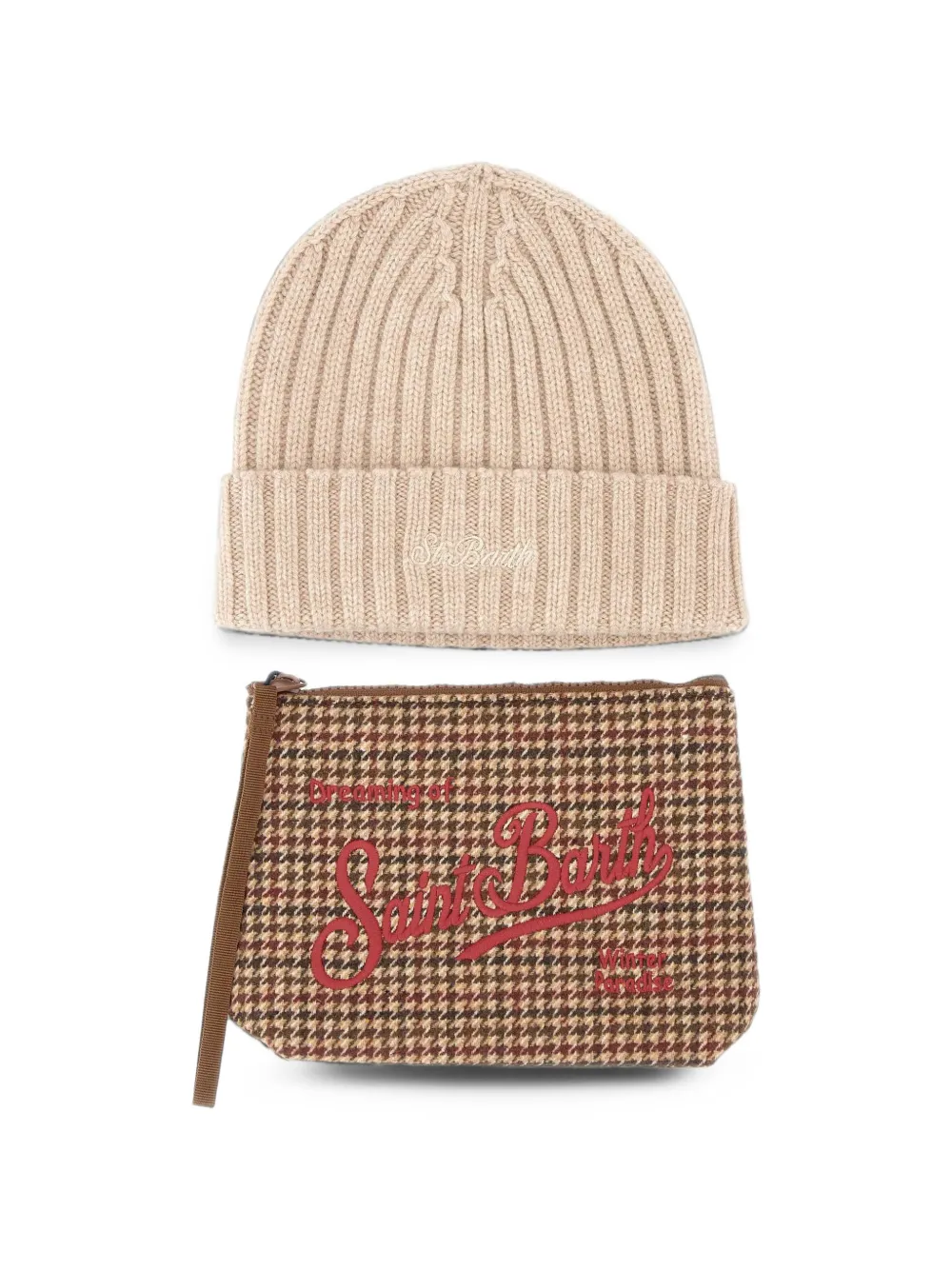 MC2 Saint Barth pochette with houndstooth pattern and beige beanie set