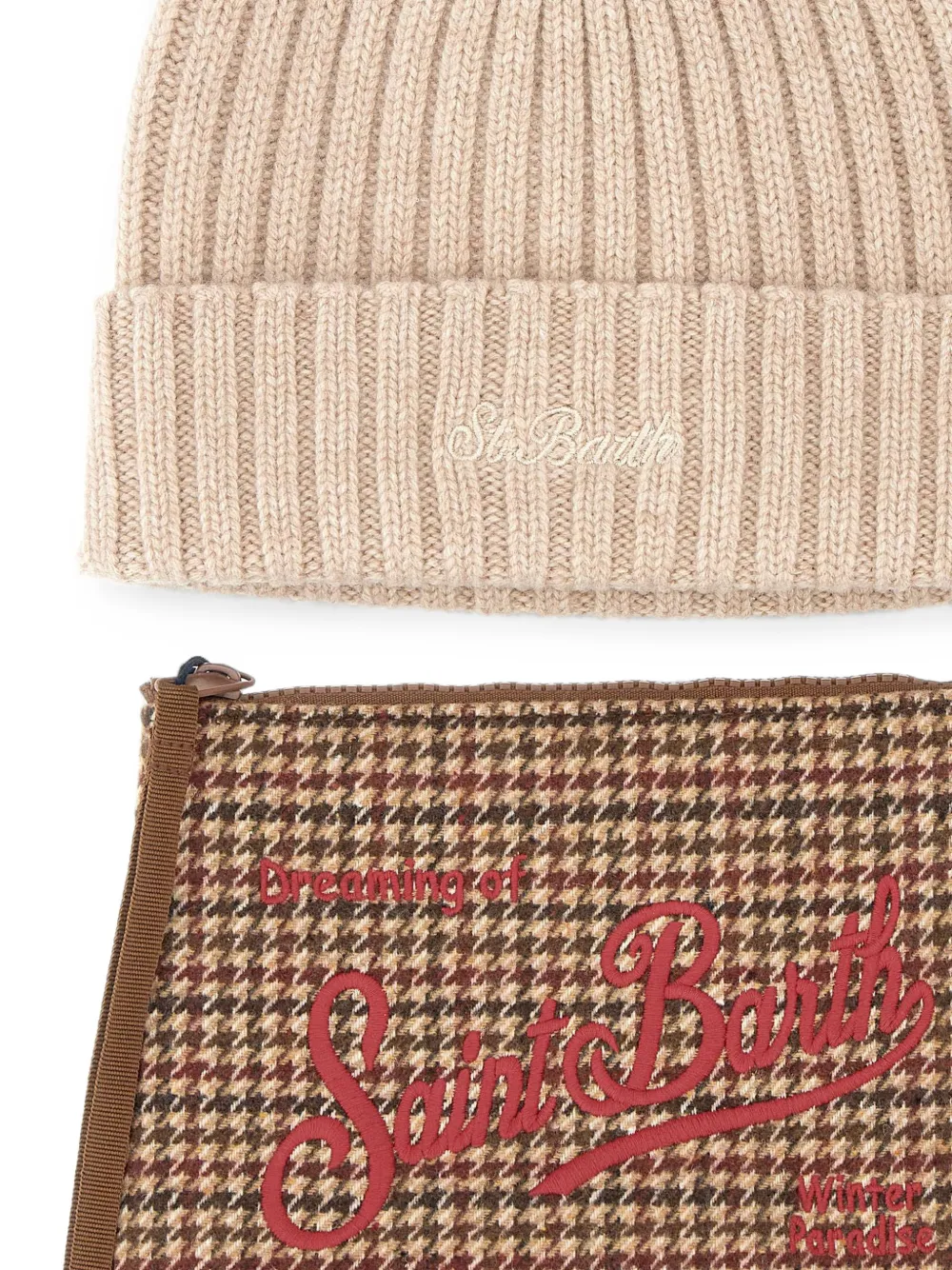 MC2 Saint Barth pochette with houndstooth pattern and beige beanie set