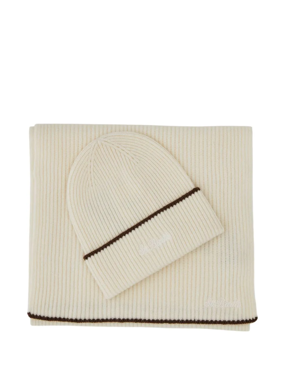 MC2 Saint Barth Ribgebreide muts en sjaal Beige