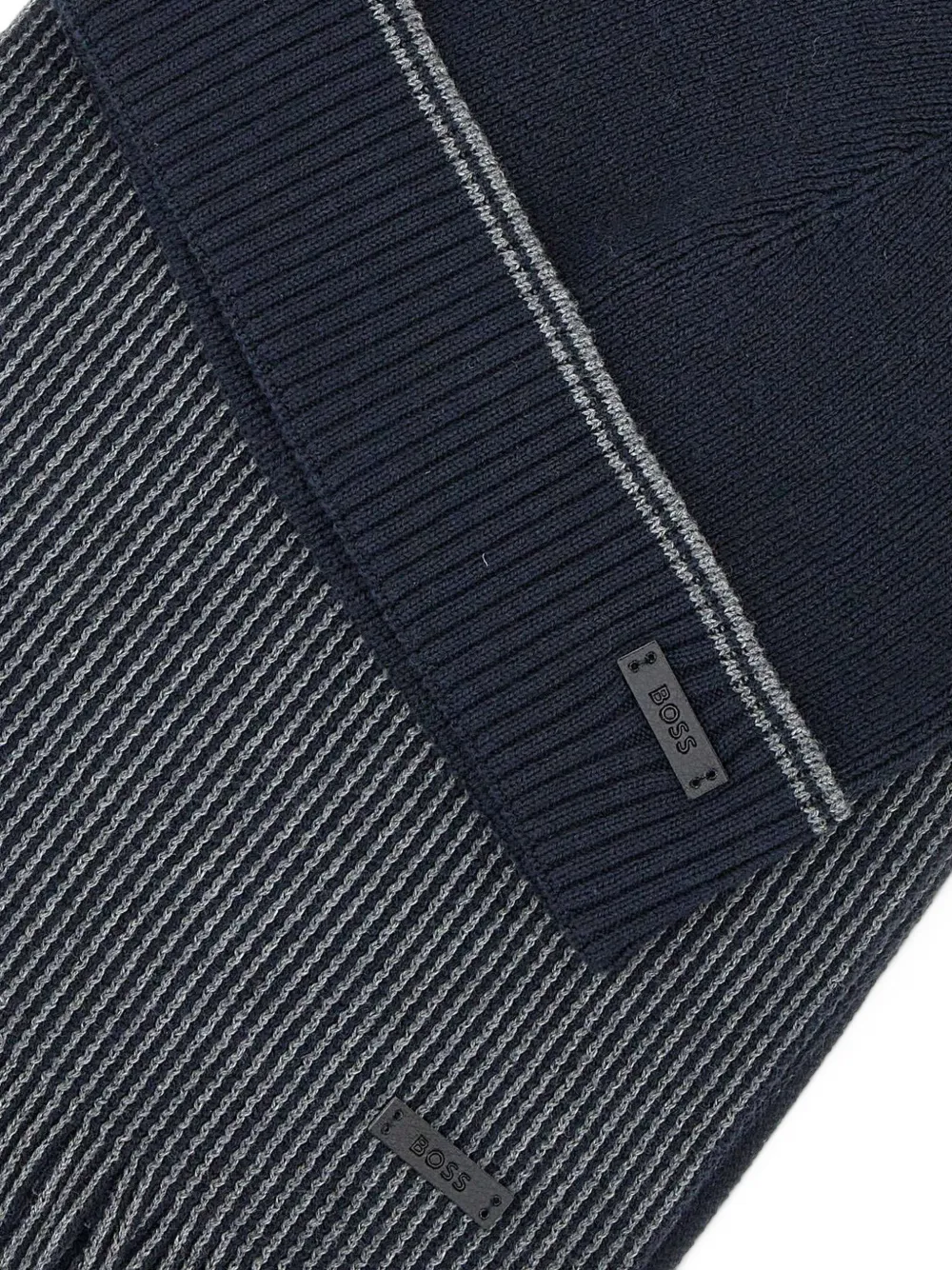 BOSS ribbed hat and striped scarf set Blauw
