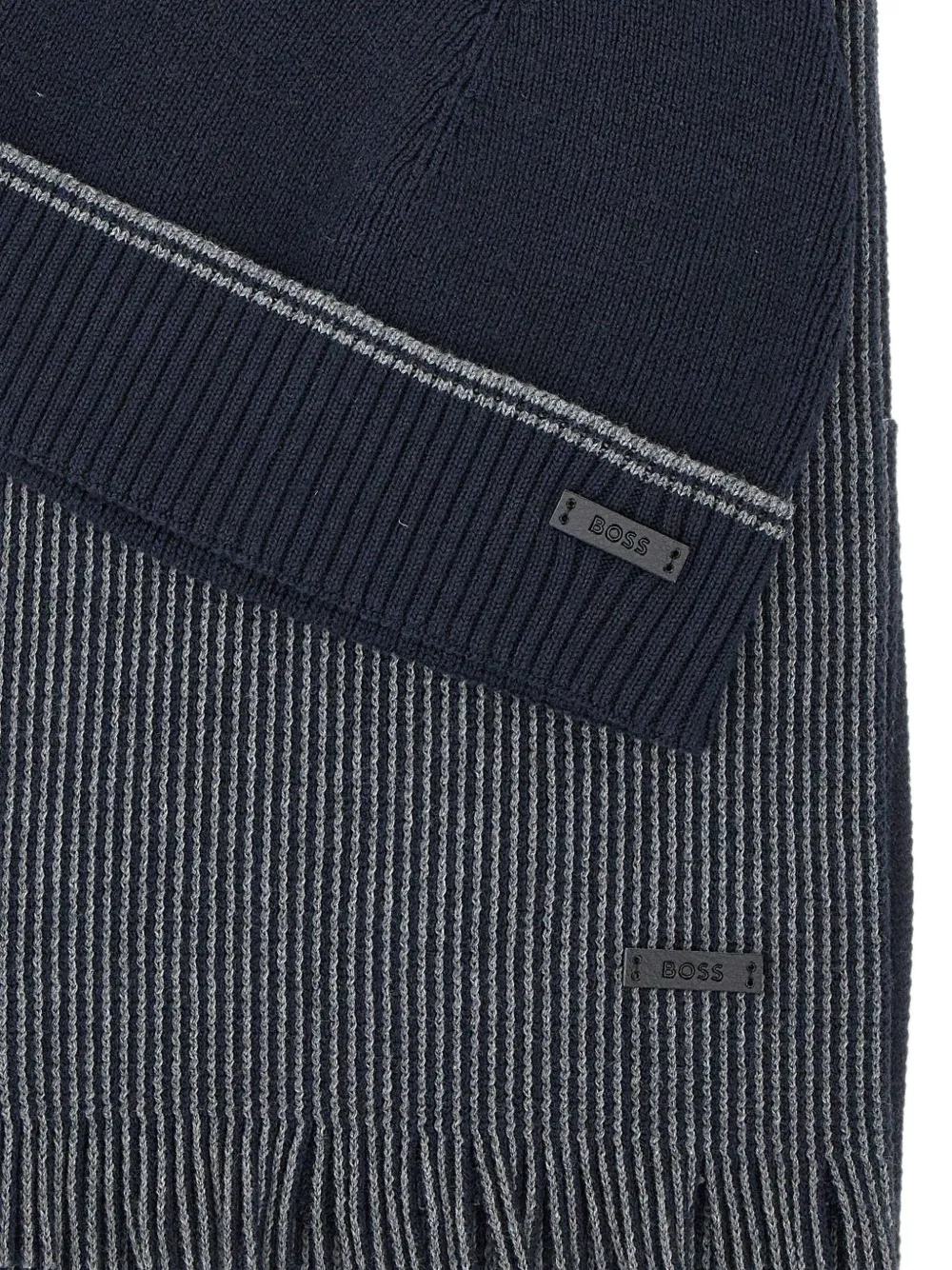BOSS ribbed hat and striped scarf set Blauw