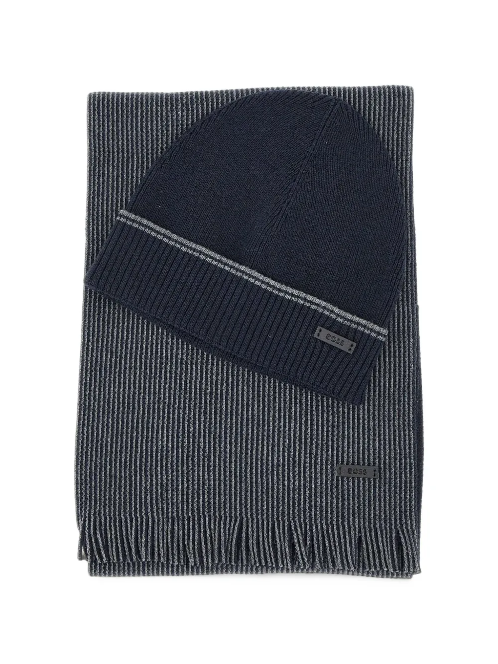 BOSS ribbed hat and striped scarf set - Blau