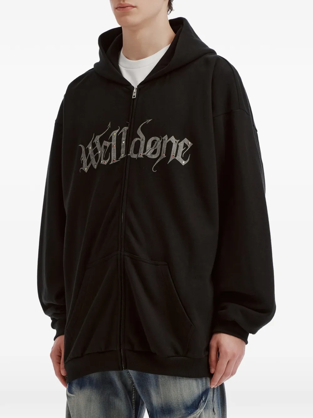 We11done logo-print zip-up hoodie Zwart