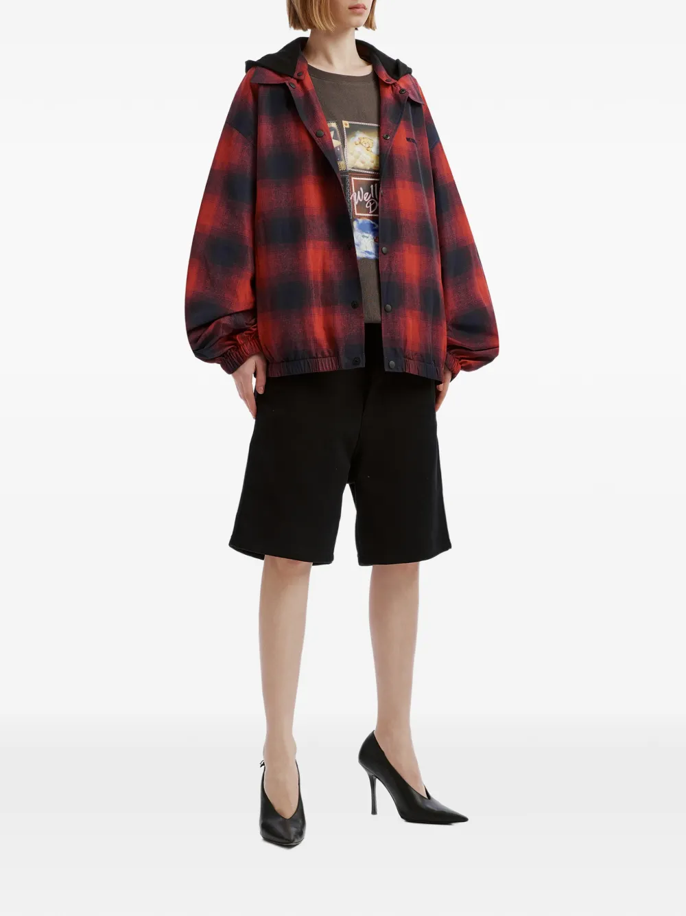We11done check-print hooded jacket Rood