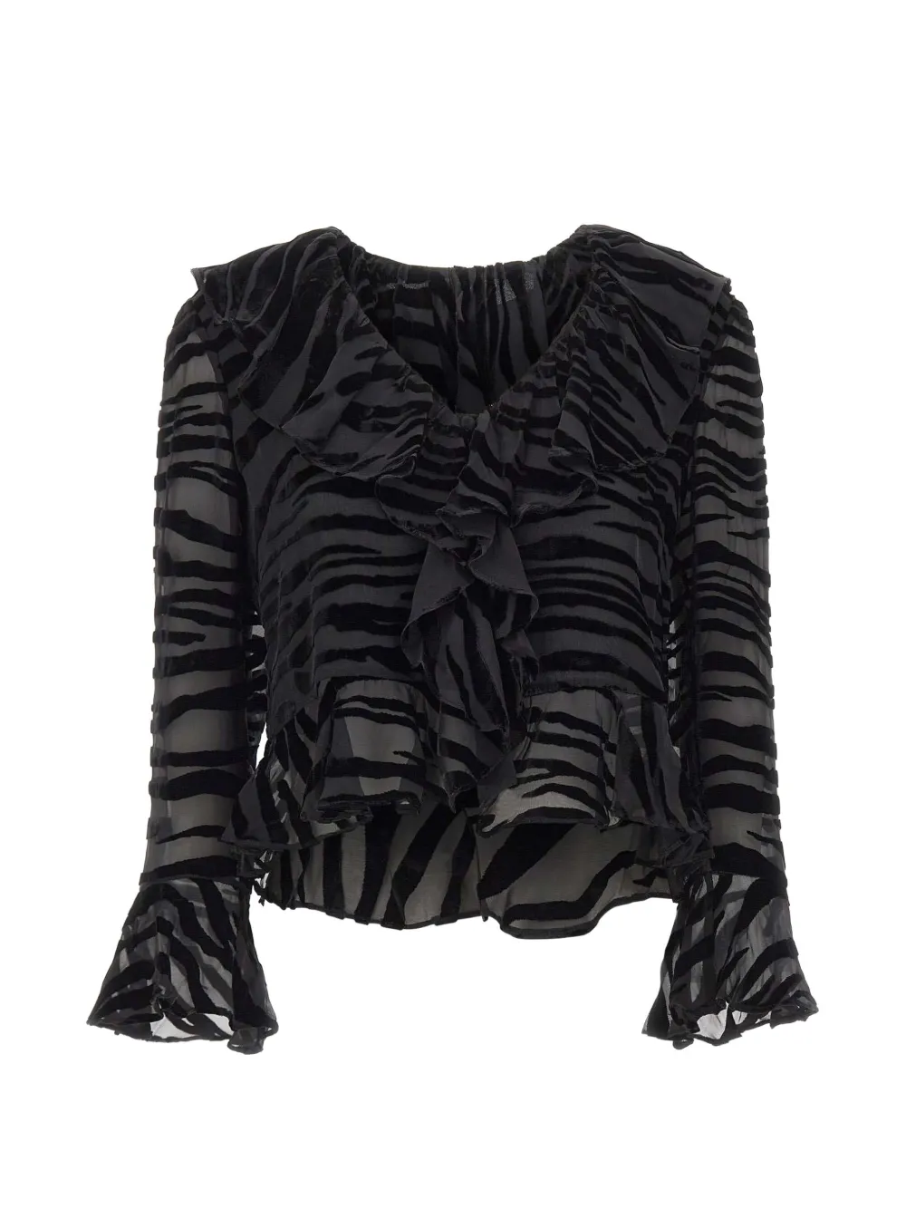 Rixo Tracye zebra-devoré ruffled blouse Zwart