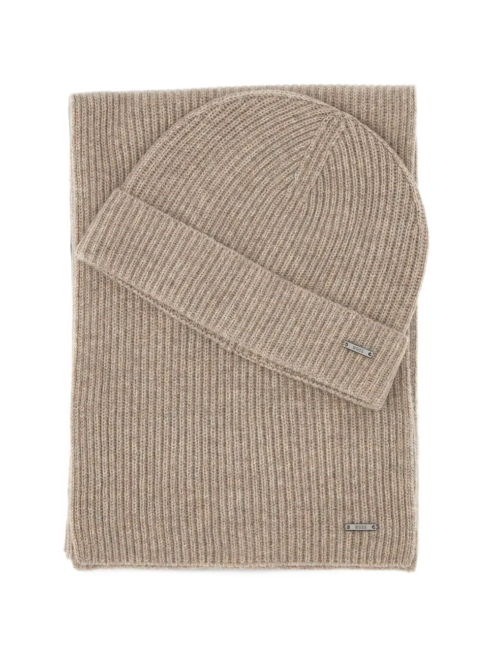 BOSS logo-plaque scarf and beanie hat set Beige